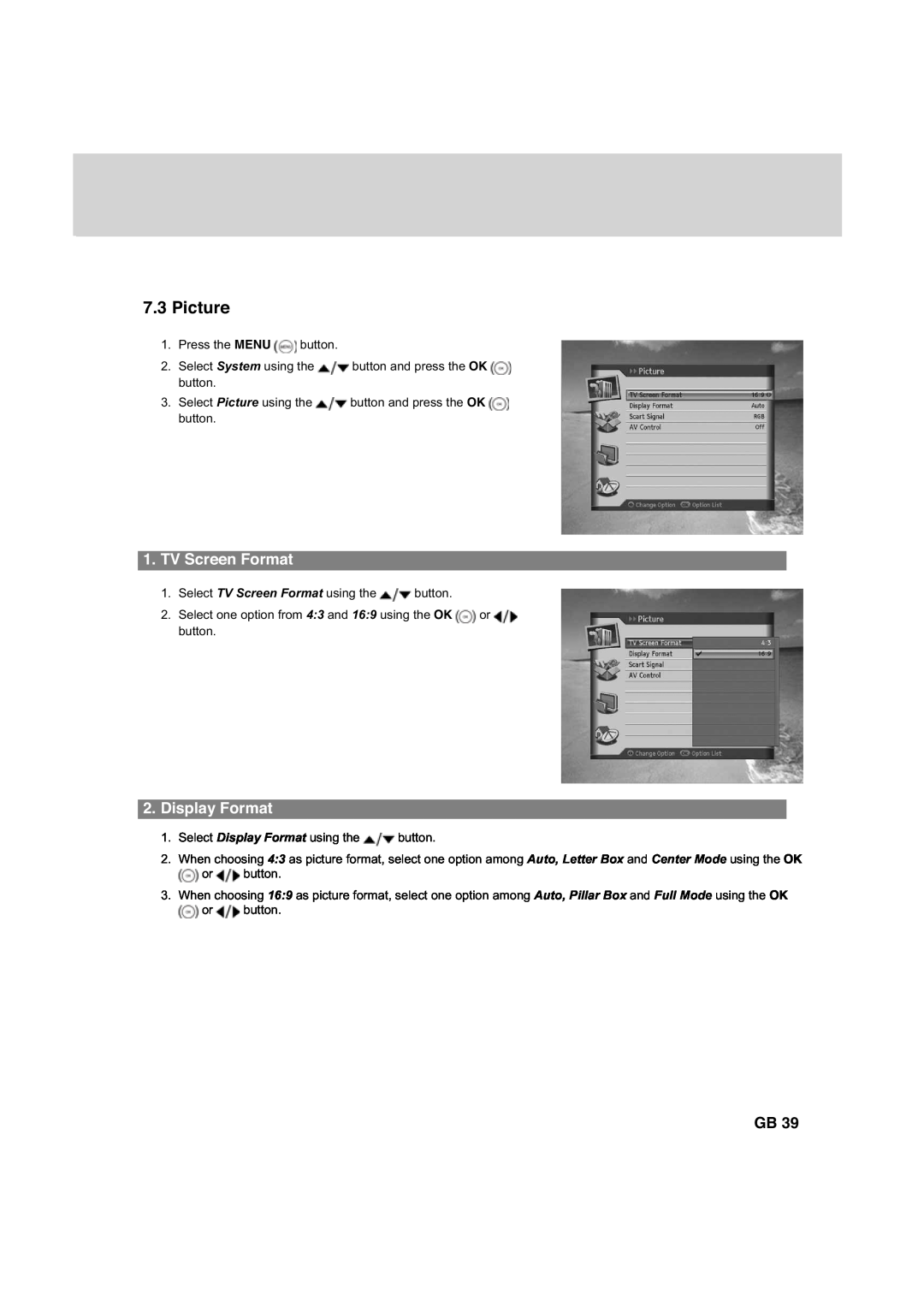 Humax HDCI-2000 manual Picture, TV Screen Format, Display Format 