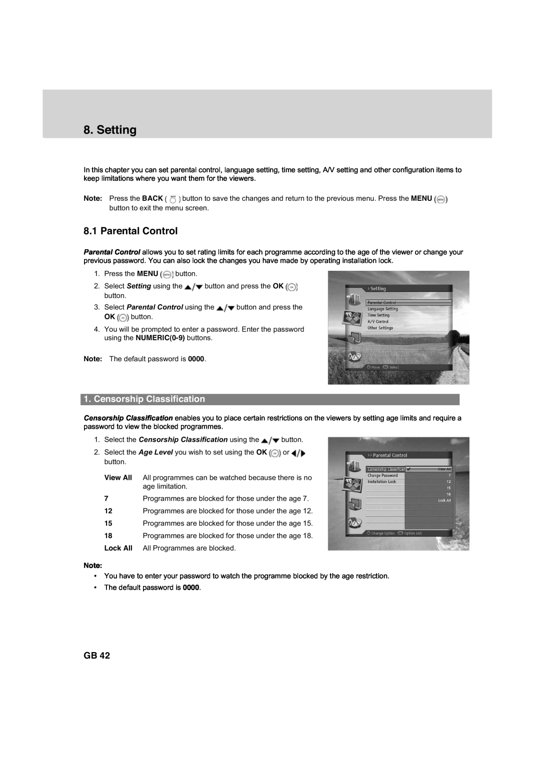 Humax HDCI-2000 manual Setting, Parental Control, Censorship Classification 