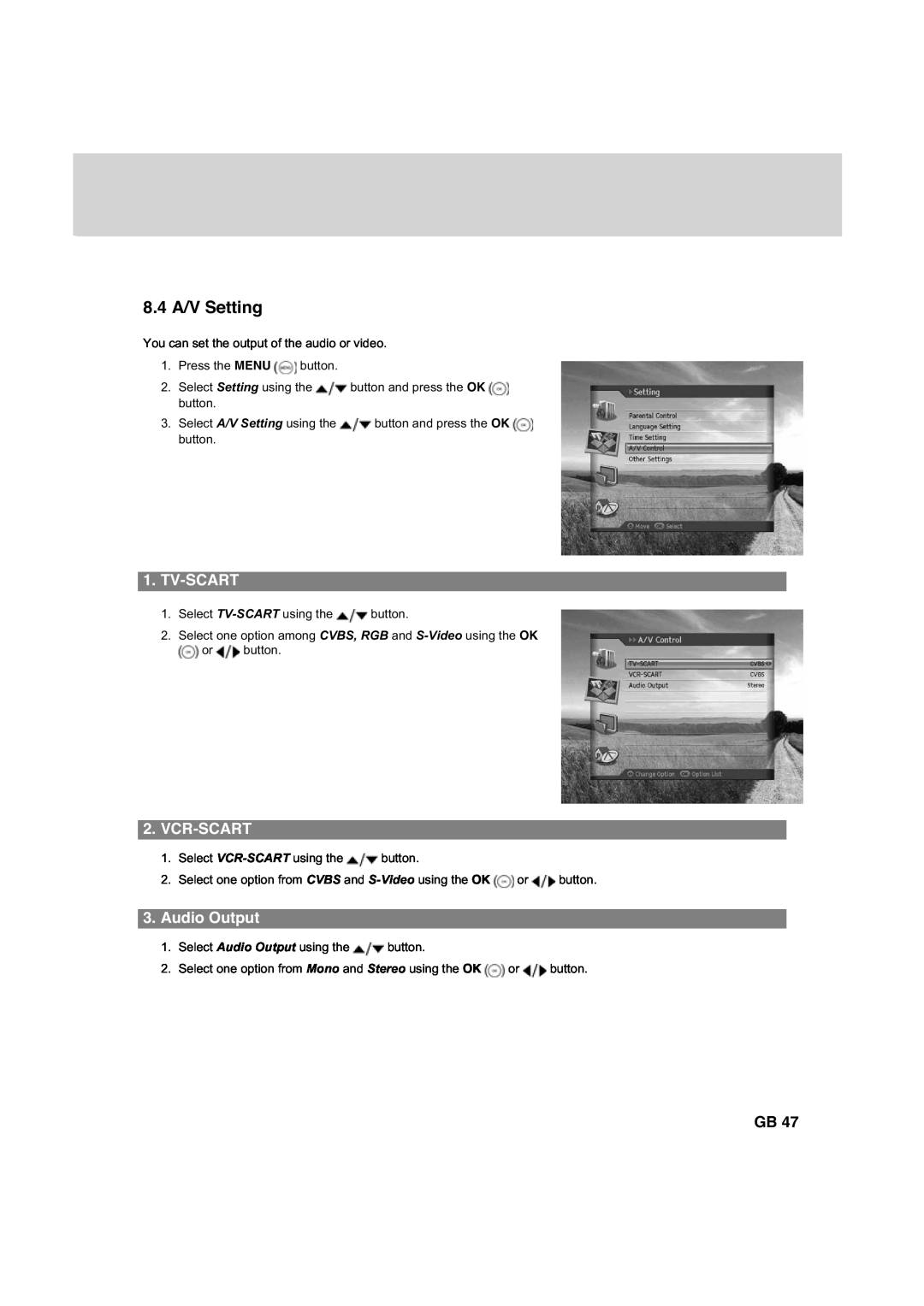 Humax HDCI-2000 manual 8.4 A/V Setting, Tv-Scart, Vcr-Scart, Audio Output 