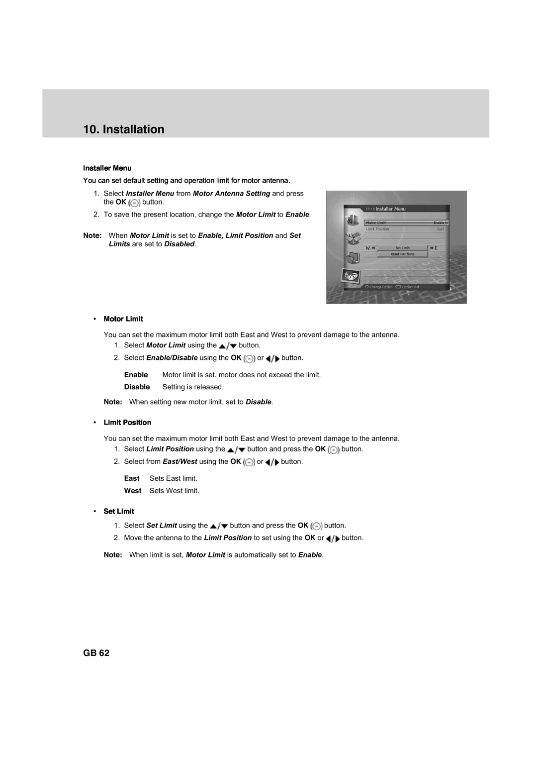 Humax HDCI-2000 Installer Menu, Note When Motor Limit is set to Enable, Limit Position and Set, Limits are set to Disabled 