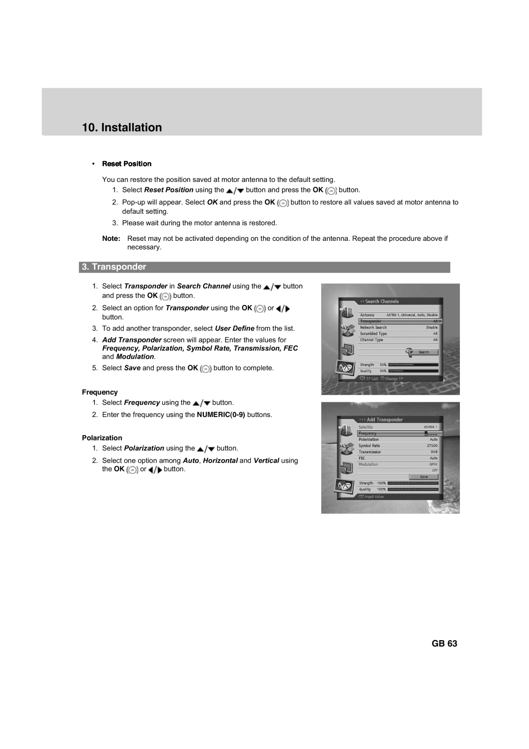 Humax HDCI-2000 manual Transponder, Reset Position, Frequency, Polarization, Installation 