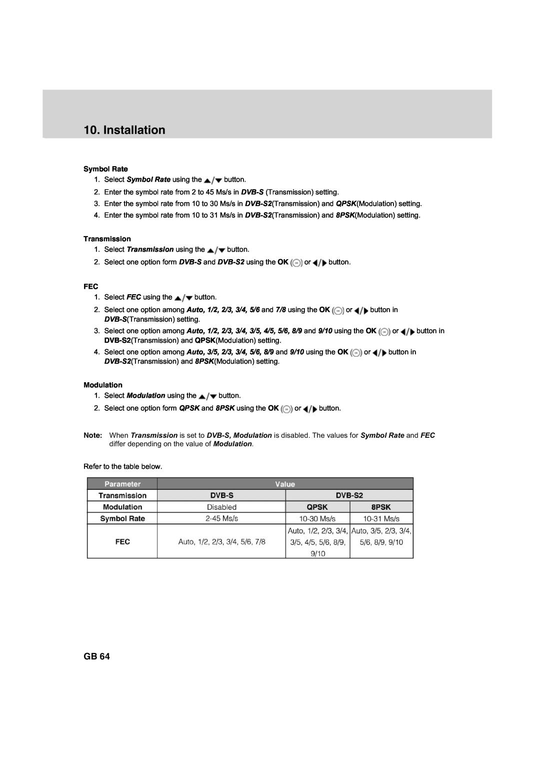 Humax HDCI-2000 manual Symbol Rate, Transmission, Modulation, Installation 