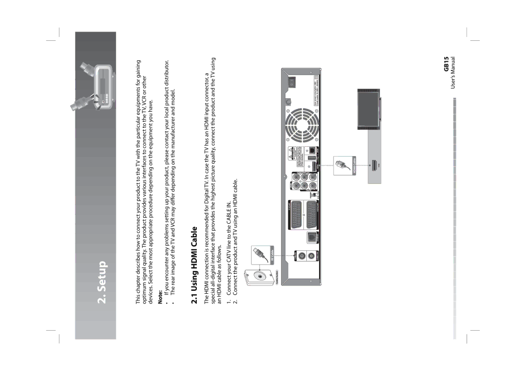 Humax HDPVR-1000C manual Setup, Using Hdmi Cable, GB15 