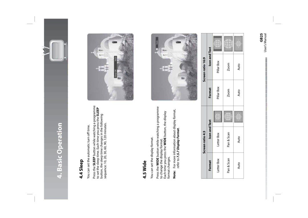 Humax HDPVR-1000C manual Sleep, Wide, GB25, Screen ratio Format Icon and Text 