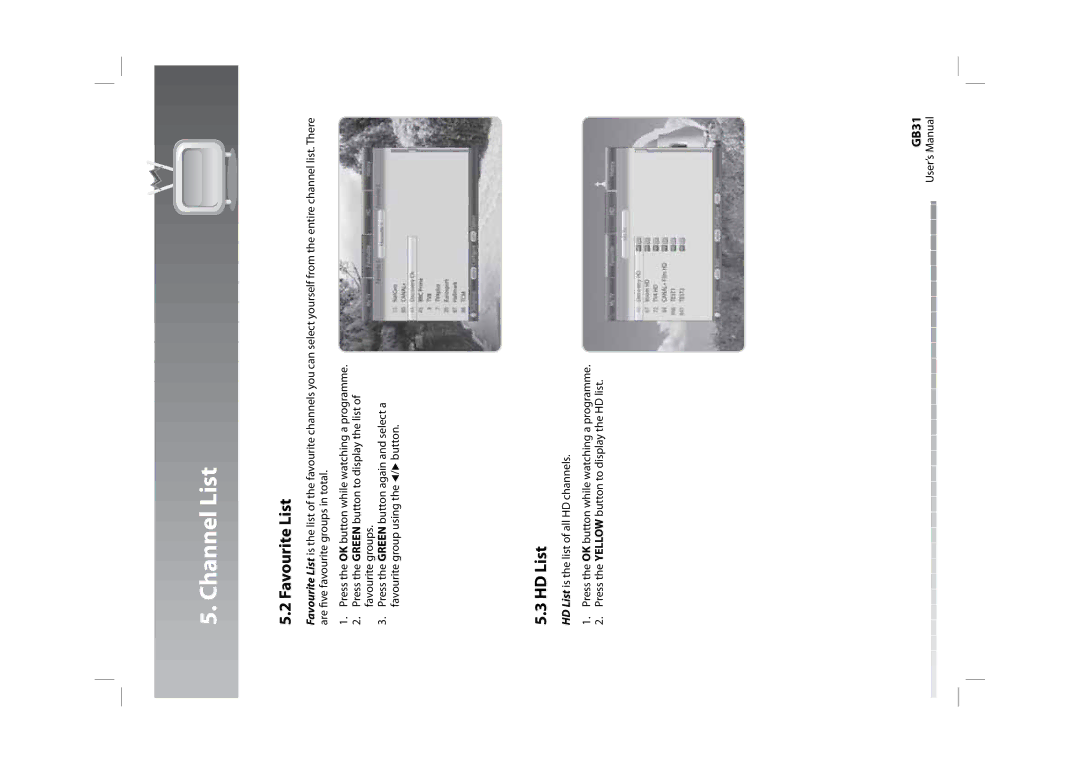 Humax HDPVR-1000C manual Favourite List, HD List, GB31 