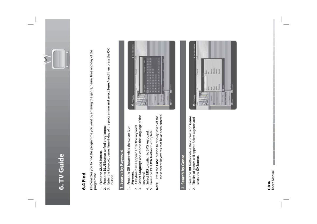 Humax HDPVR-1000C manual Find, Search by Keyword, Search by Genre, GB36 