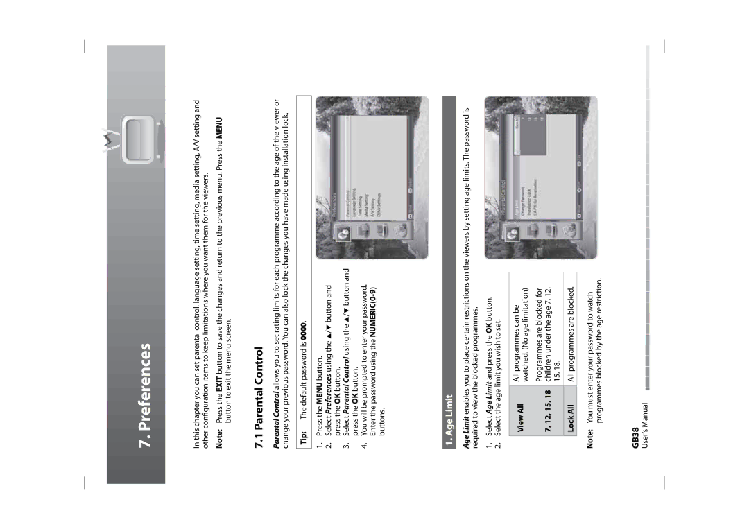 Humax HDPVR-1000C manual Preferences, Parental Control, Age Limit, GB38 