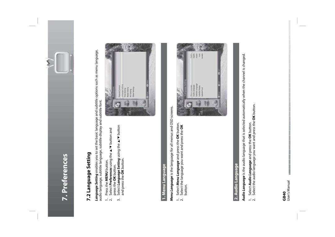 Humax HDPVR-1000C manual Language Setting, Menu Language, Audio Language, GB40 