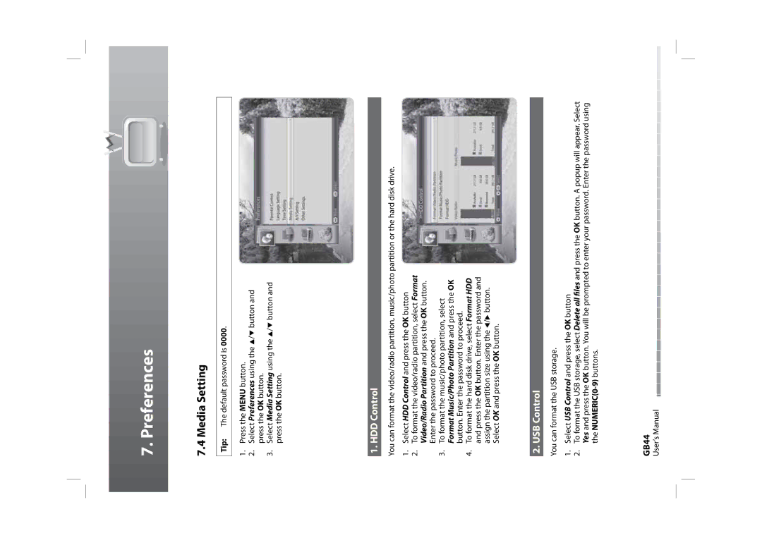 Humax HDPVR-1000C manual Media Setting, HDD Control, USB Control, GB44 