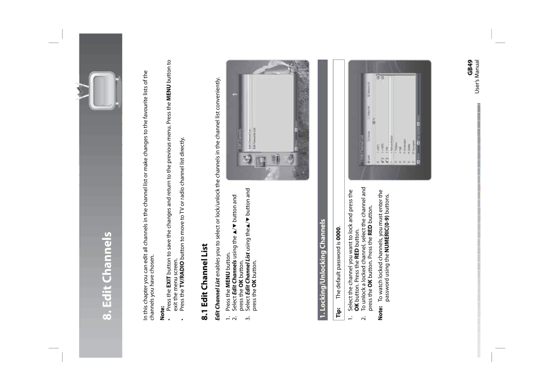 Humax HDPVR-1000C manual Edit Channels, Edit Channel List, Locking/Unlocking Channels, GB49 