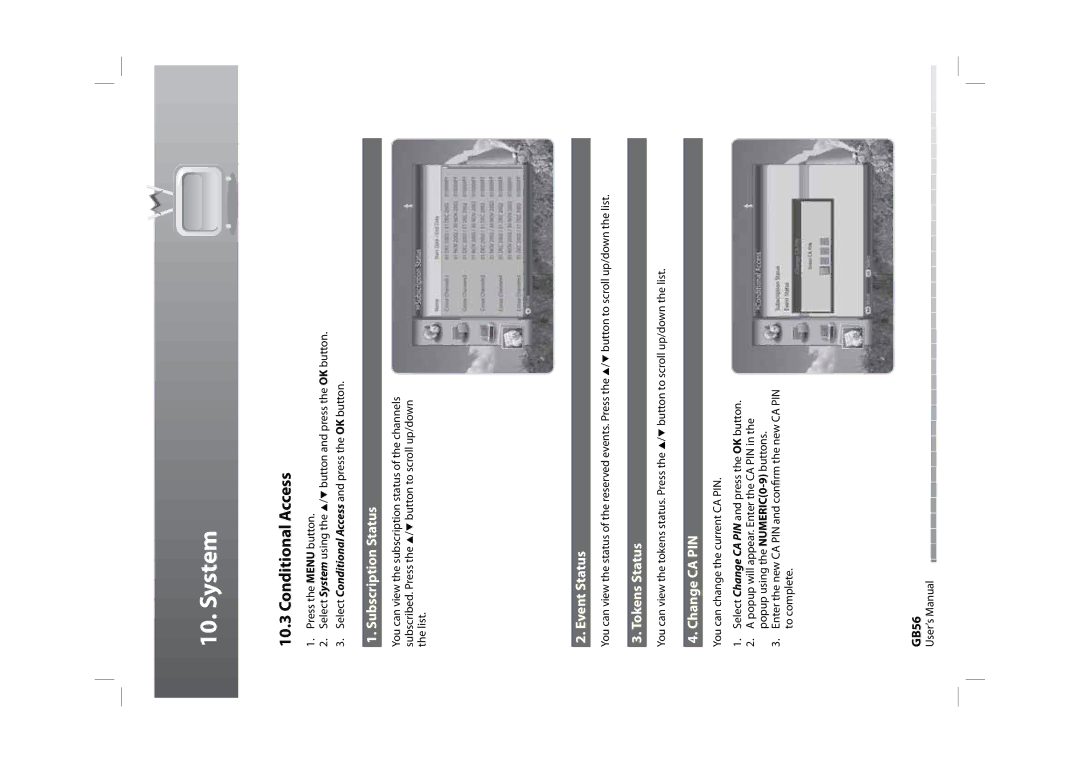 Humax HDPVR-1000C manual Subscription Status, Event Status, Tokens Status, Change CA PIN, GB56 