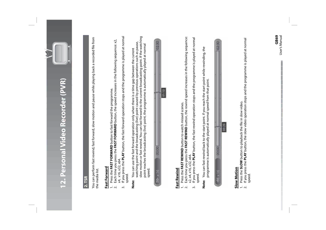Humax HDPVR-1000C manual Tsr, Fast Forward, Fast Rewind, Slow Motion, GB69 