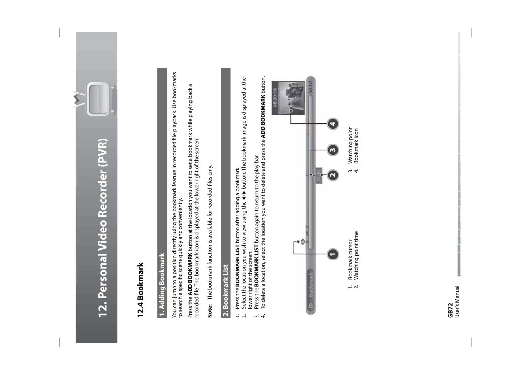 Humax HDPVR-1000C manual Adding Bookmark, Bookmark List, GB72 