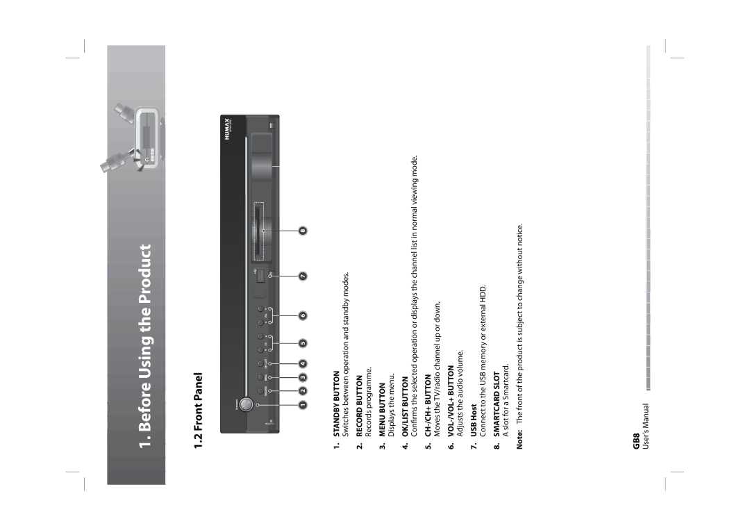 Humax HDPVR-1000C manual Front Panel, Standby Button, OK/LIST Button, CH-/CH+ Button, USB Host 