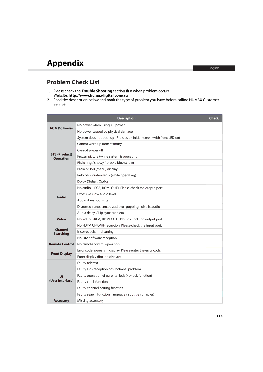 Humax HDR-7500T user manual Problem Check List 