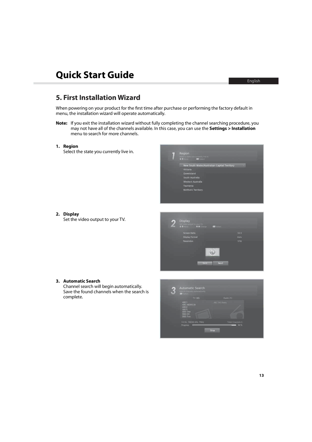 Humax HDR-7500T user manual First Installation Wizard, Region, Display, Automatic Search 