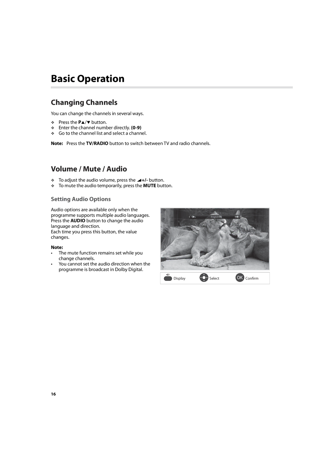 Humax HDR-7500T user manual Basic Operation, Changing Channels, Volume / Mute / Audio, Setting Audio Options 