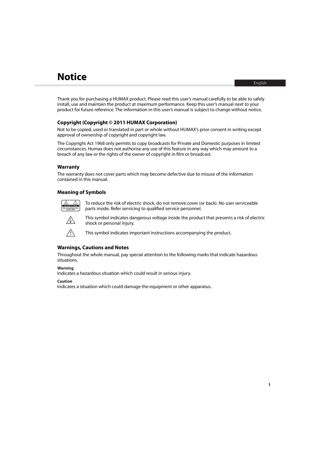 Humax HDR-7500T user manual Copyright Copyright 2011 Humax Corporation 