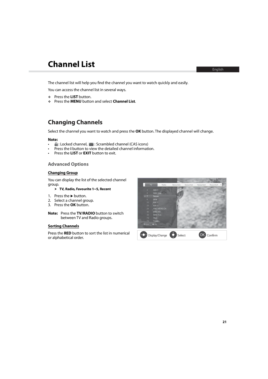 Humax HDR-7500T user manual Channel List, Advanced Options, Changing Group, Sorting Channels 