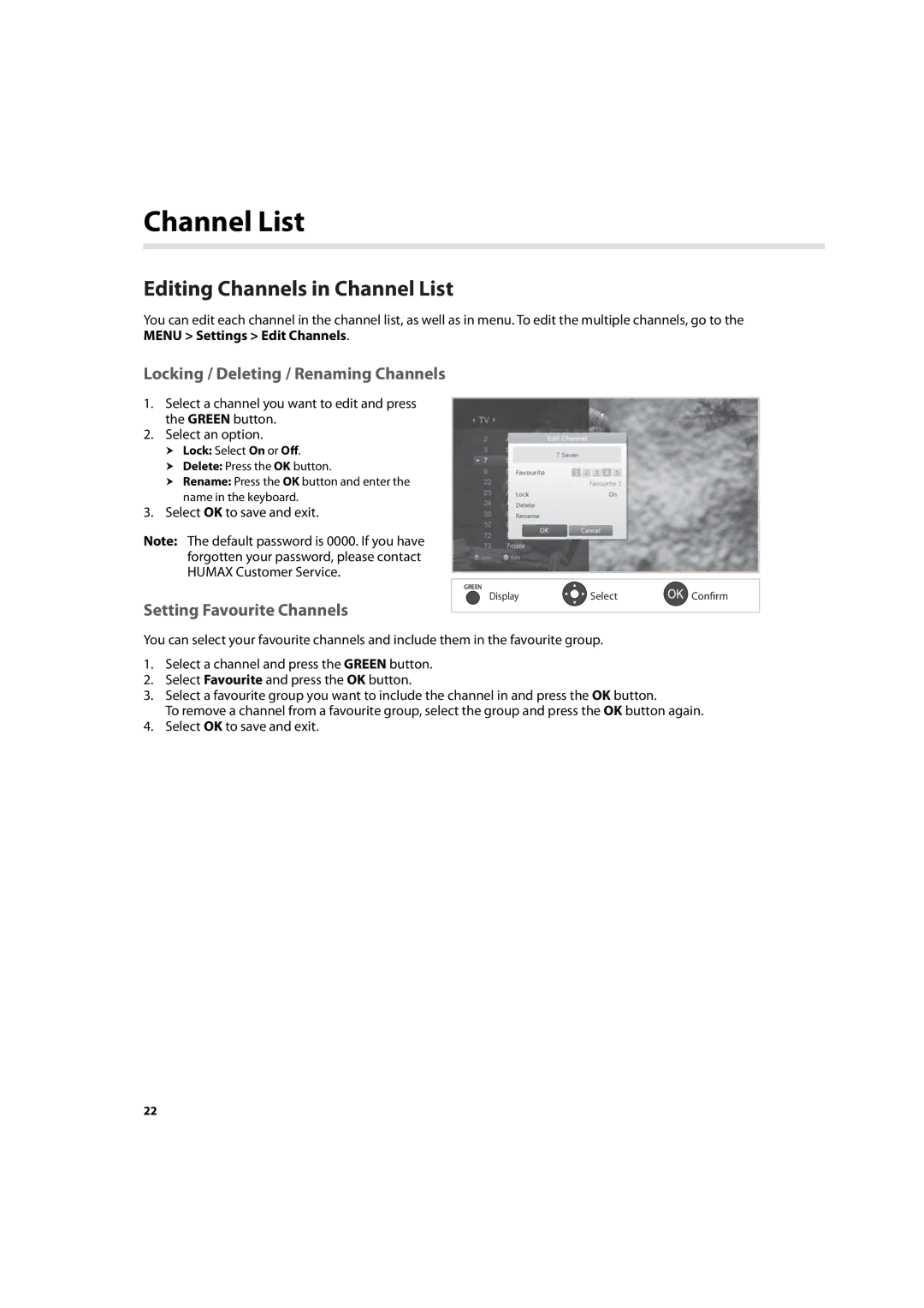 Humax HDR-7500T Editing Channels in Channel List, Locking / Deleting / Renaming Channels, Setting Favourite Channels 