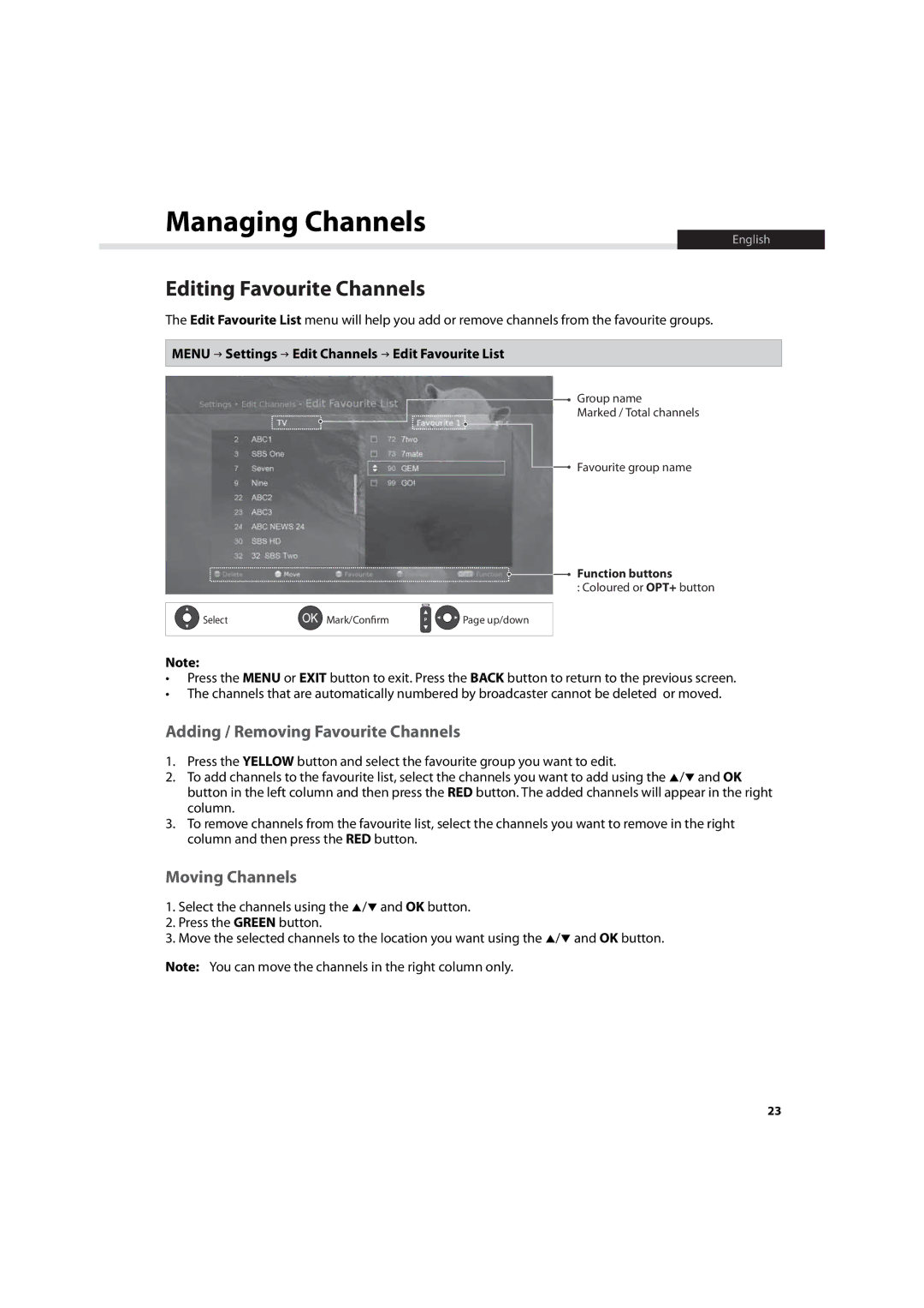 Humax HDR-7500T Managing Channels, Editing Favourite Channels, Adding / Removing Favourite Channels, Moving Channels 