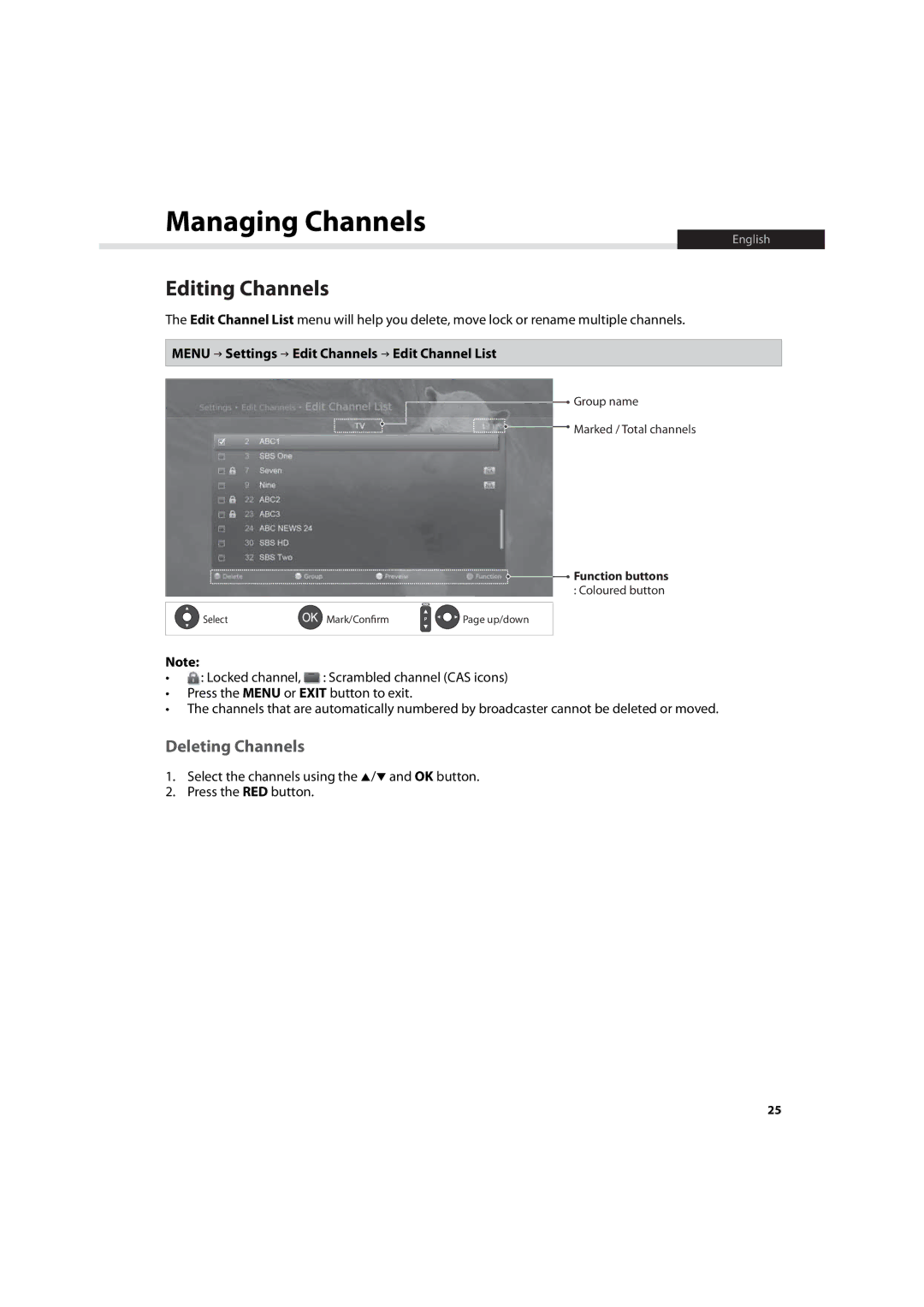 Humax HDR-7500T user manual Editing Channels, Deleting Channels, Menu Settings Edit Channels Edit Channel List 