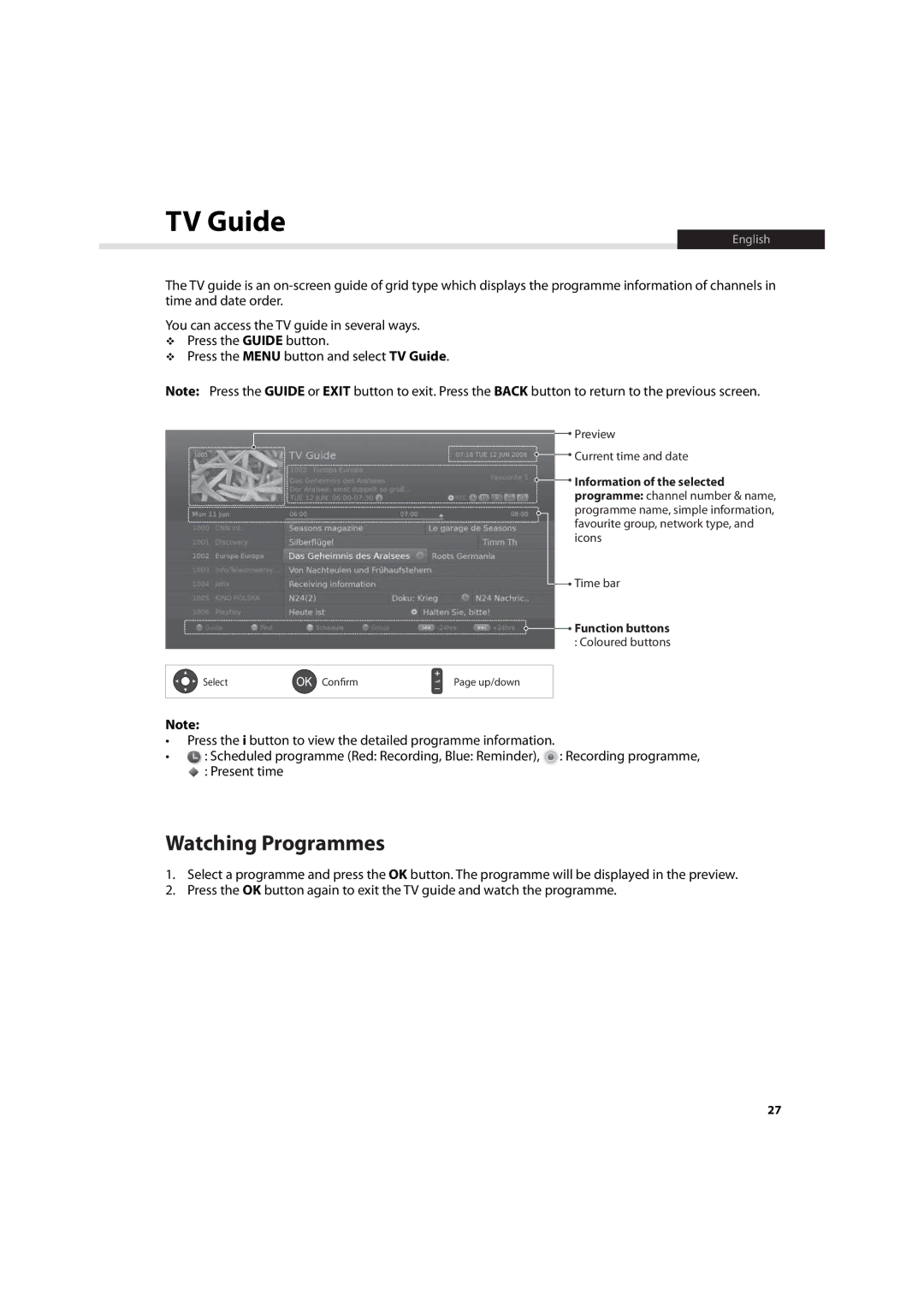 Humax HDR-7500T user manual TV Guide, Watching Programmes, Information of the selected programme channel number & name 