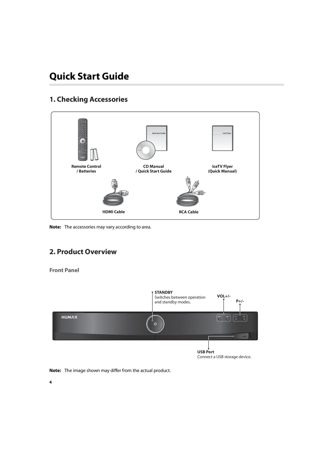 Humax HDR-7500T user manual Quick Start Guide, Checking Accessories, Product Overview, Front Panel 