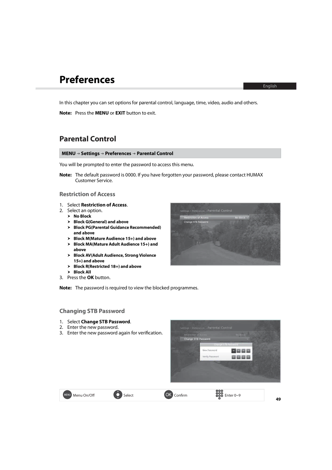 Humax HDR-7500T user manual Preferences, Parental Control, Restriction of Access, Changing STB Password 