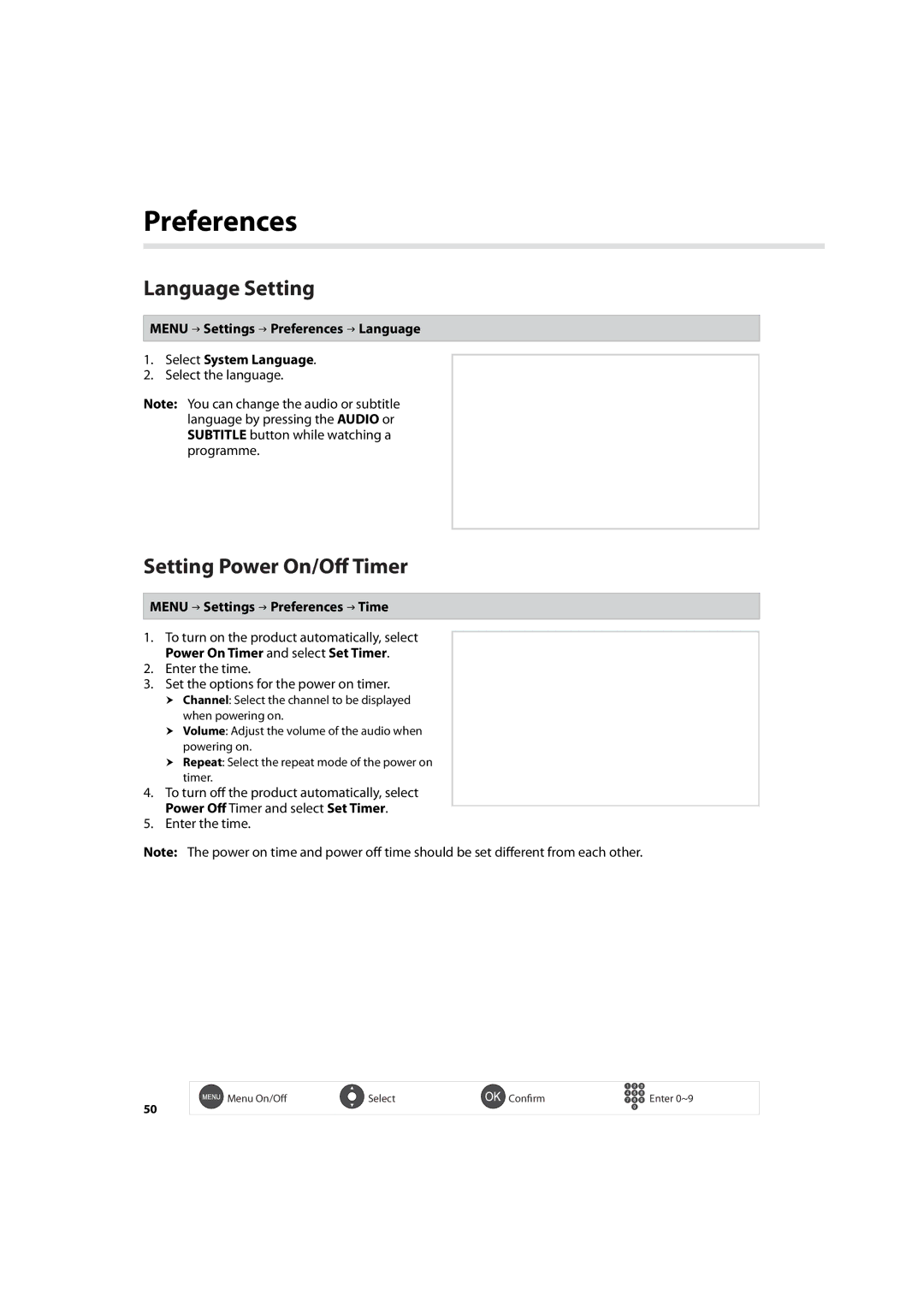 Humax HDR-7500T Language Setting, Setting Power On/Off Timer, Menu Settings Preferences Language Select System Language 