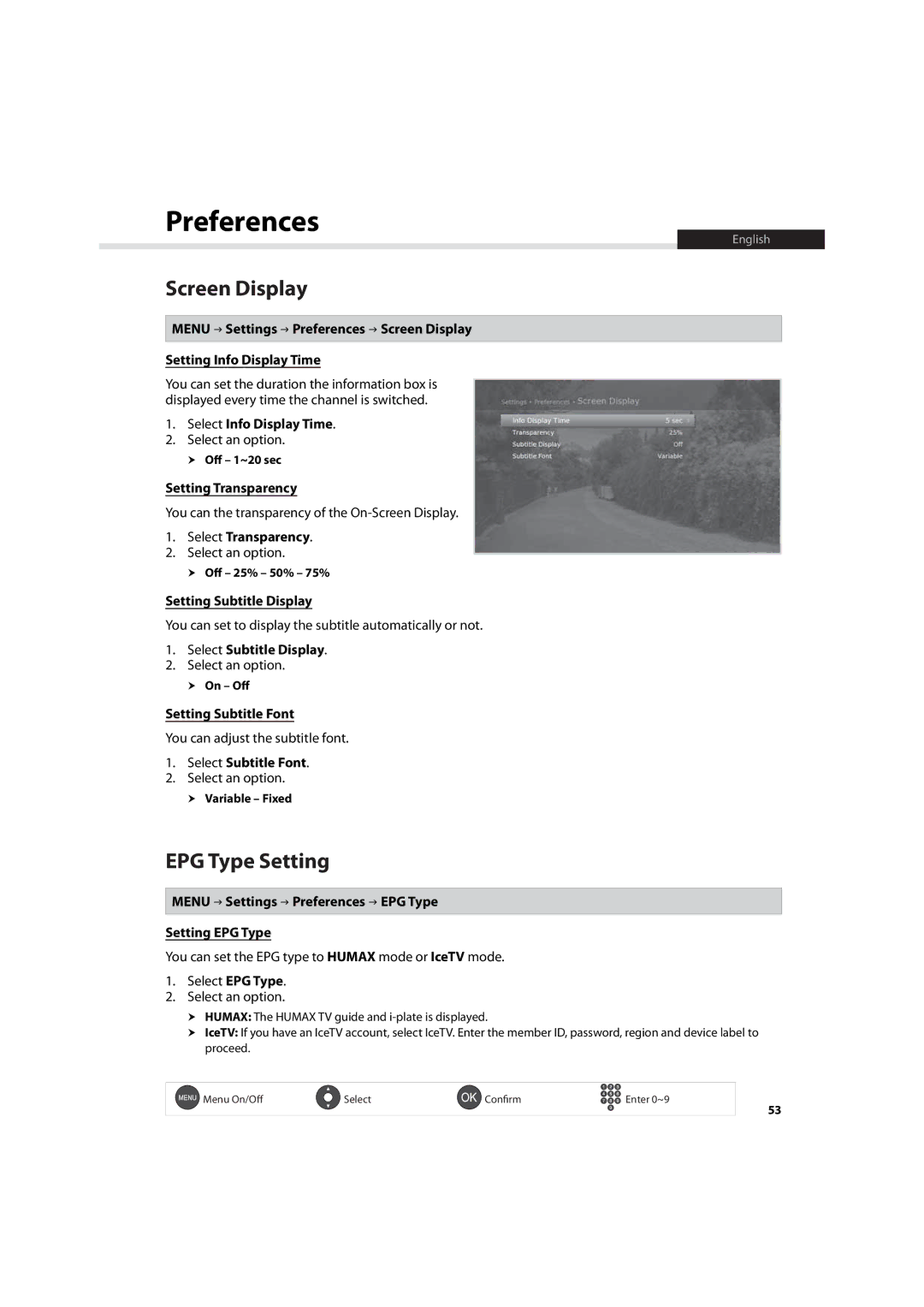 Humax HDR-7500T user manual Screen Display, EPG Type Setting 