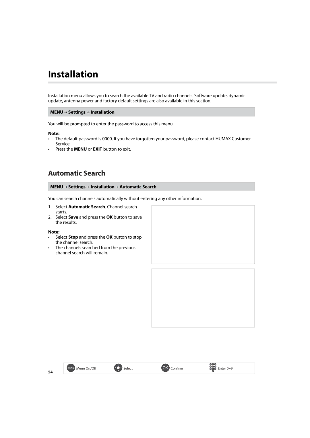 Humax HDR-7500T user manual Menu Settings Installation Automatic Search 