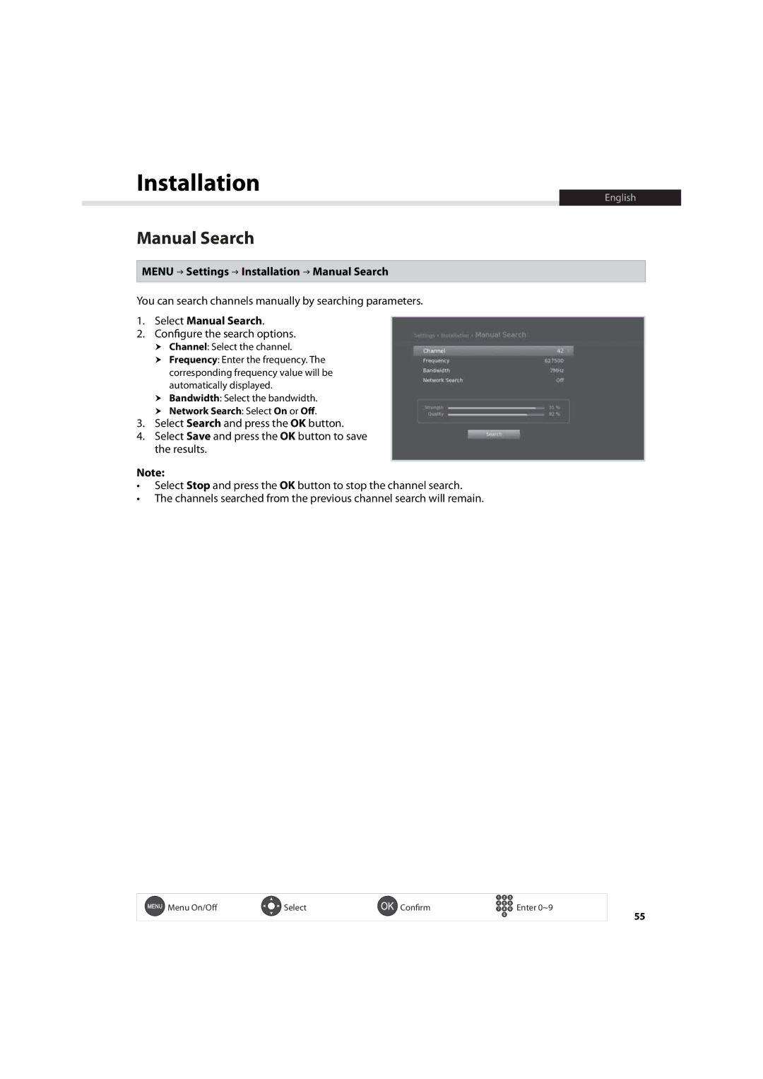 Humax HDR-7500T user manual Menu Settings Installation Manual Search, Select Manual Search 