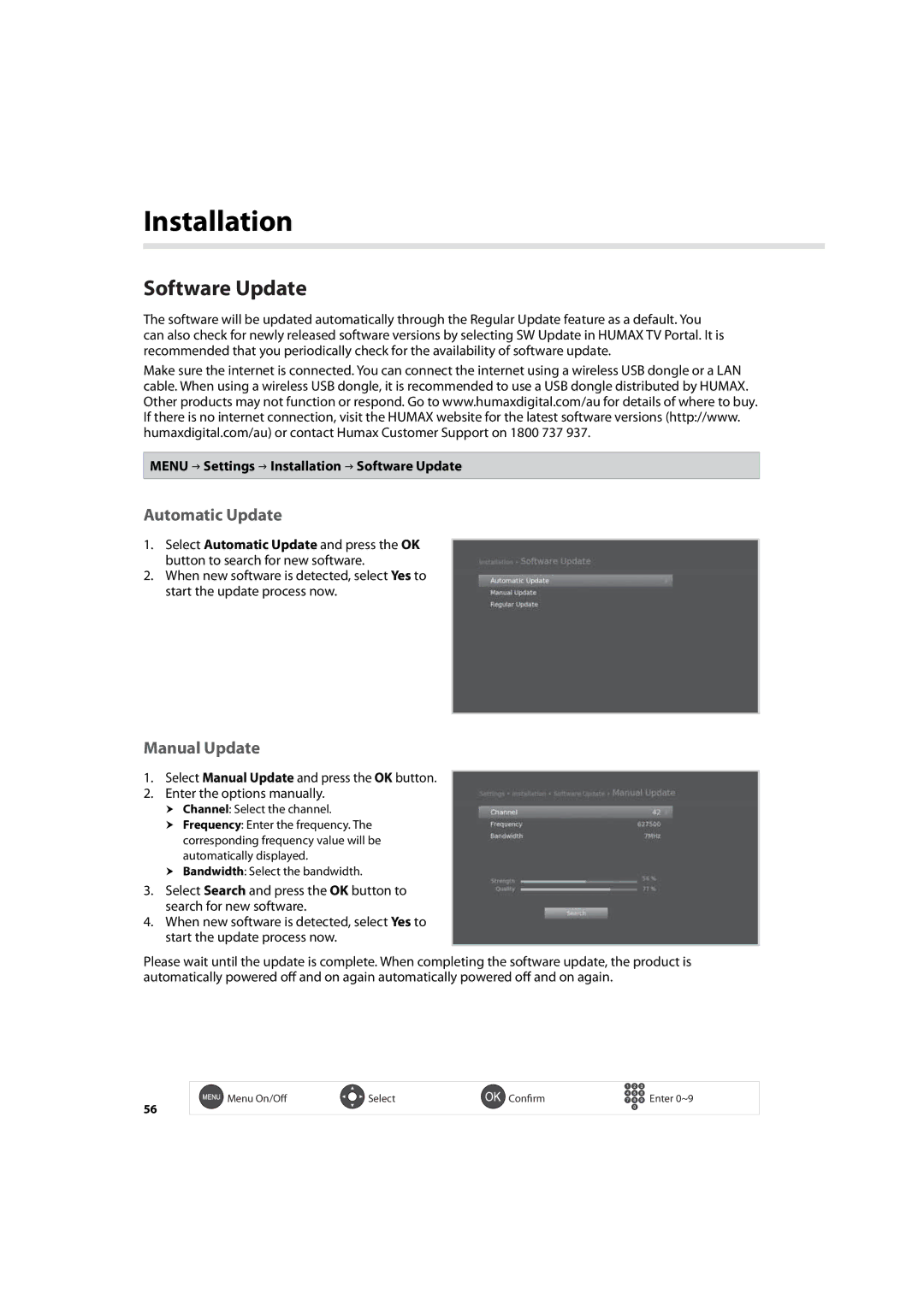 Humax HDR-7500T user manual Automatic Update, Manual Update, Menu Settings Installation Software Update 