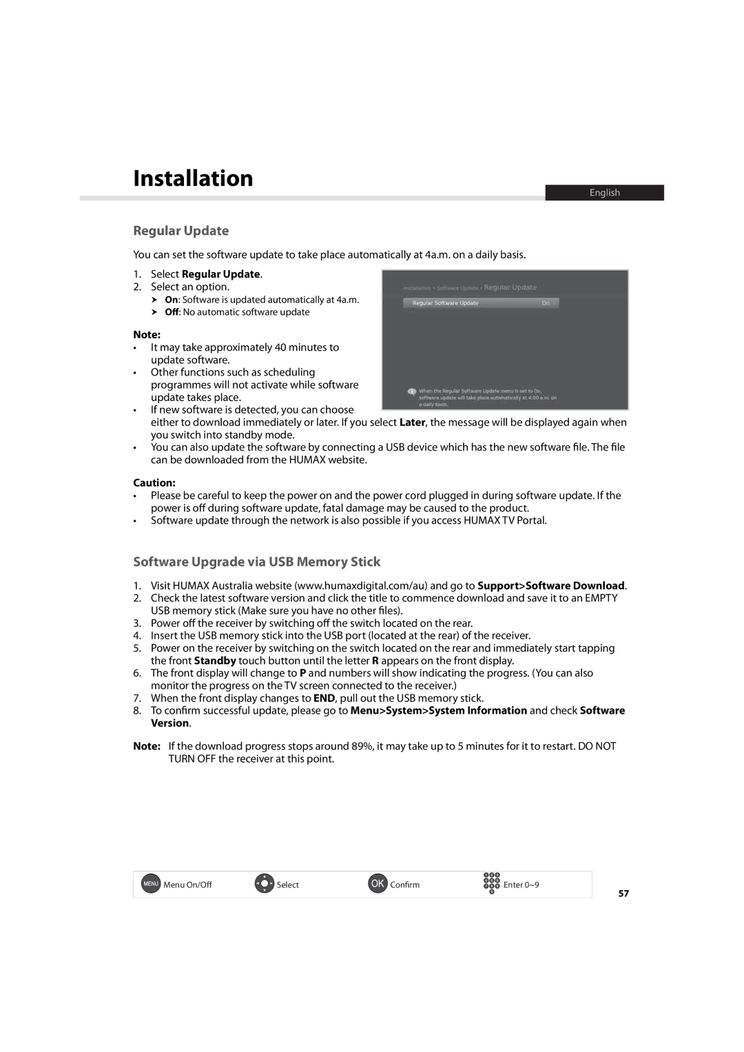 Humax HDR-7500T user manual Software Upgrade via USB Memory Stick, Select Regular Update 