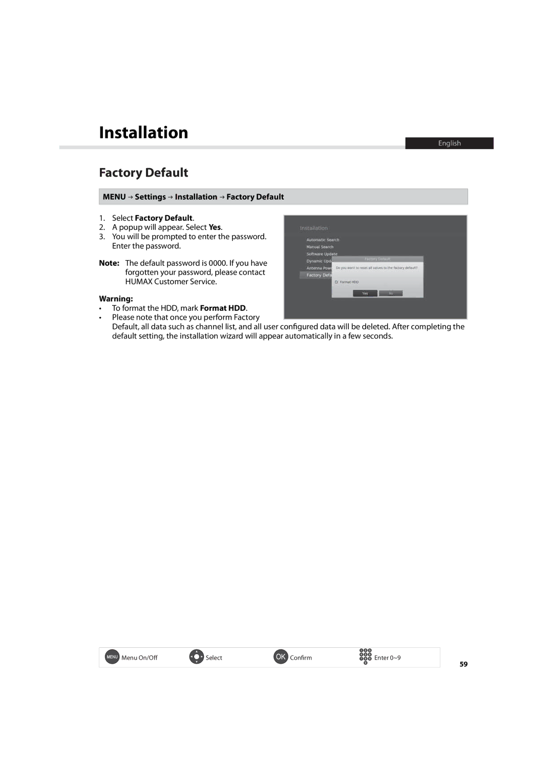 Humax HDR-7500T user manual Factory Default 