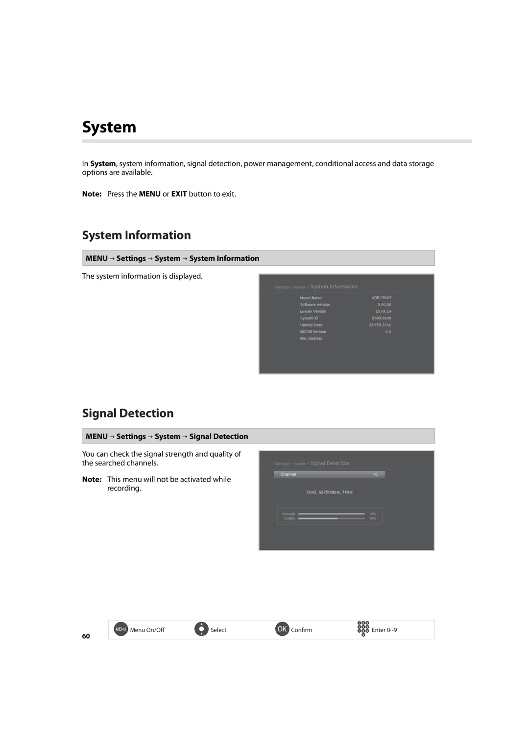 Humax HDR-7500T user manual Menu Settings System System Information, Menu Settings System Signal Detection 