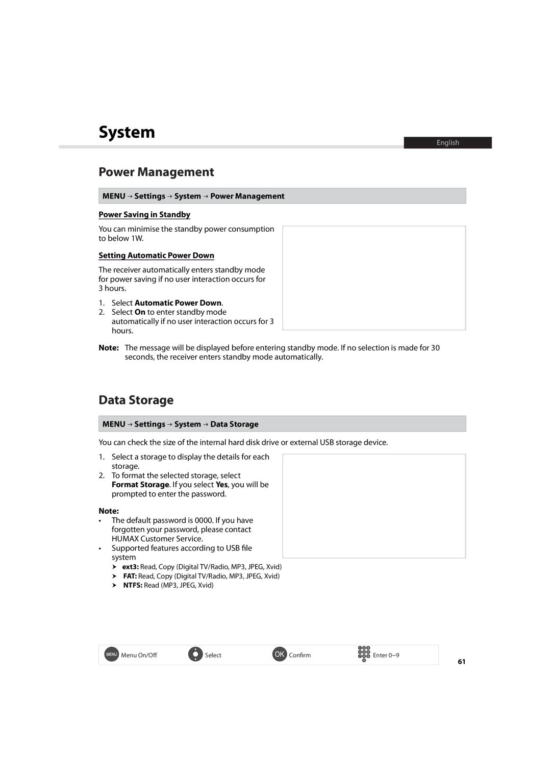 Humax HDR-7500T user manual Power Management, Data Storage, Setting Automatic Power Down, Select Automatic Power Down 