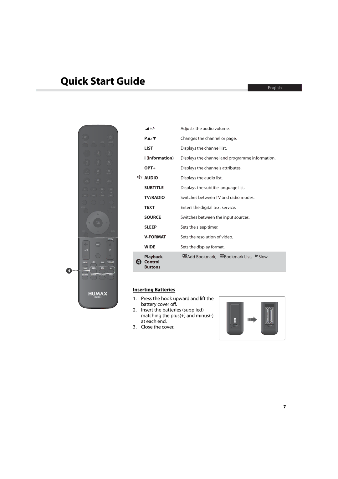 Humax HDR-7500T user manual Inserting Batteries, Displays the channel and programme information 