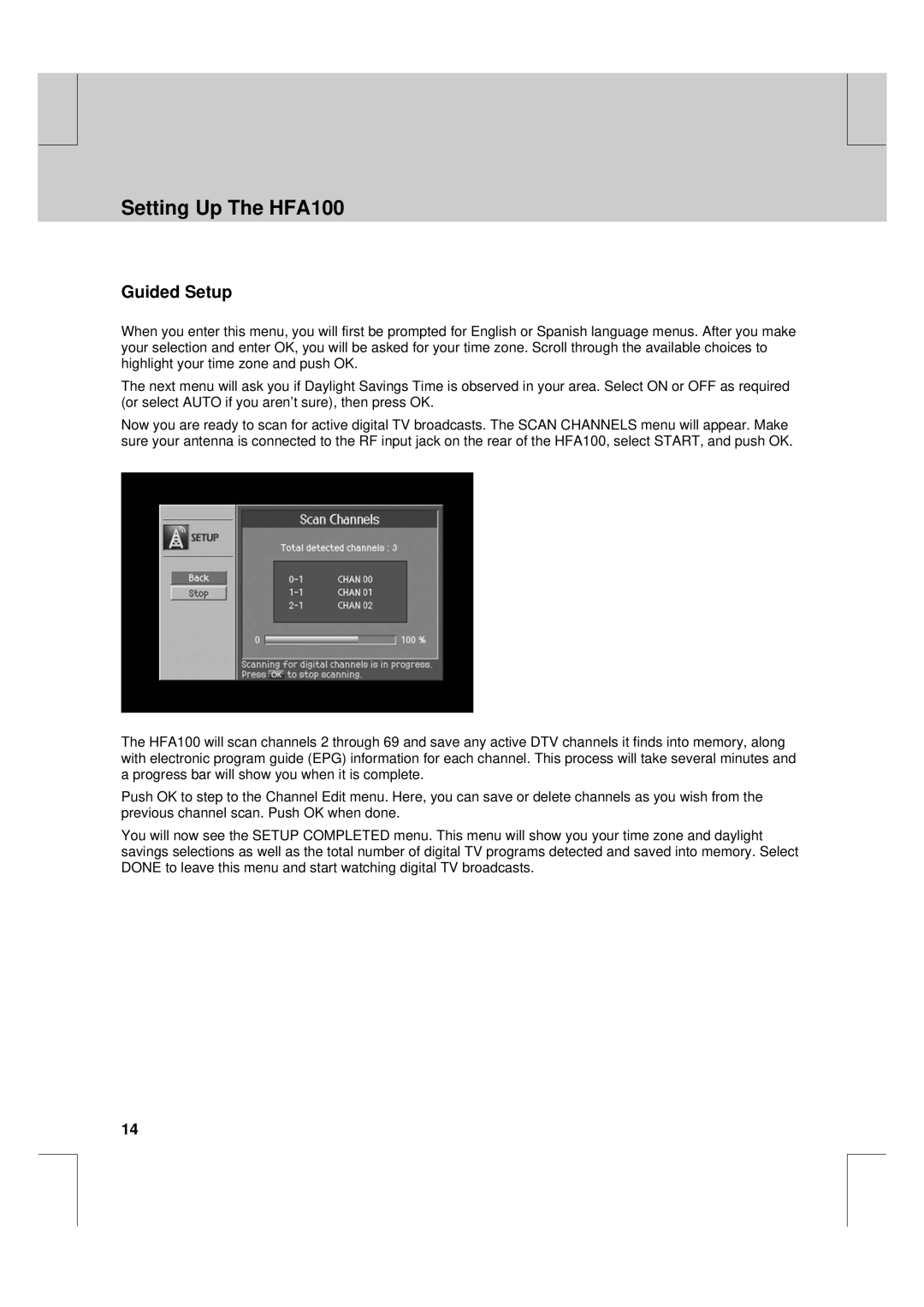 Humax manual Setting Up The HFA100, Guided Setup 