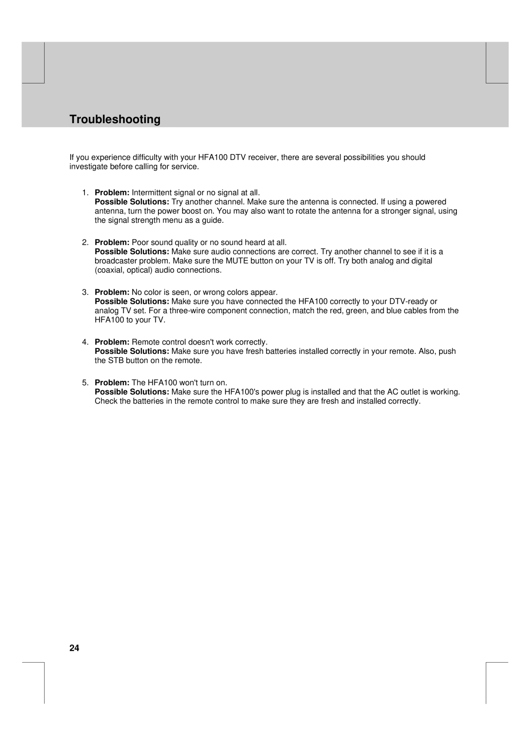 Humax HFA100 manual Troubleshooting 