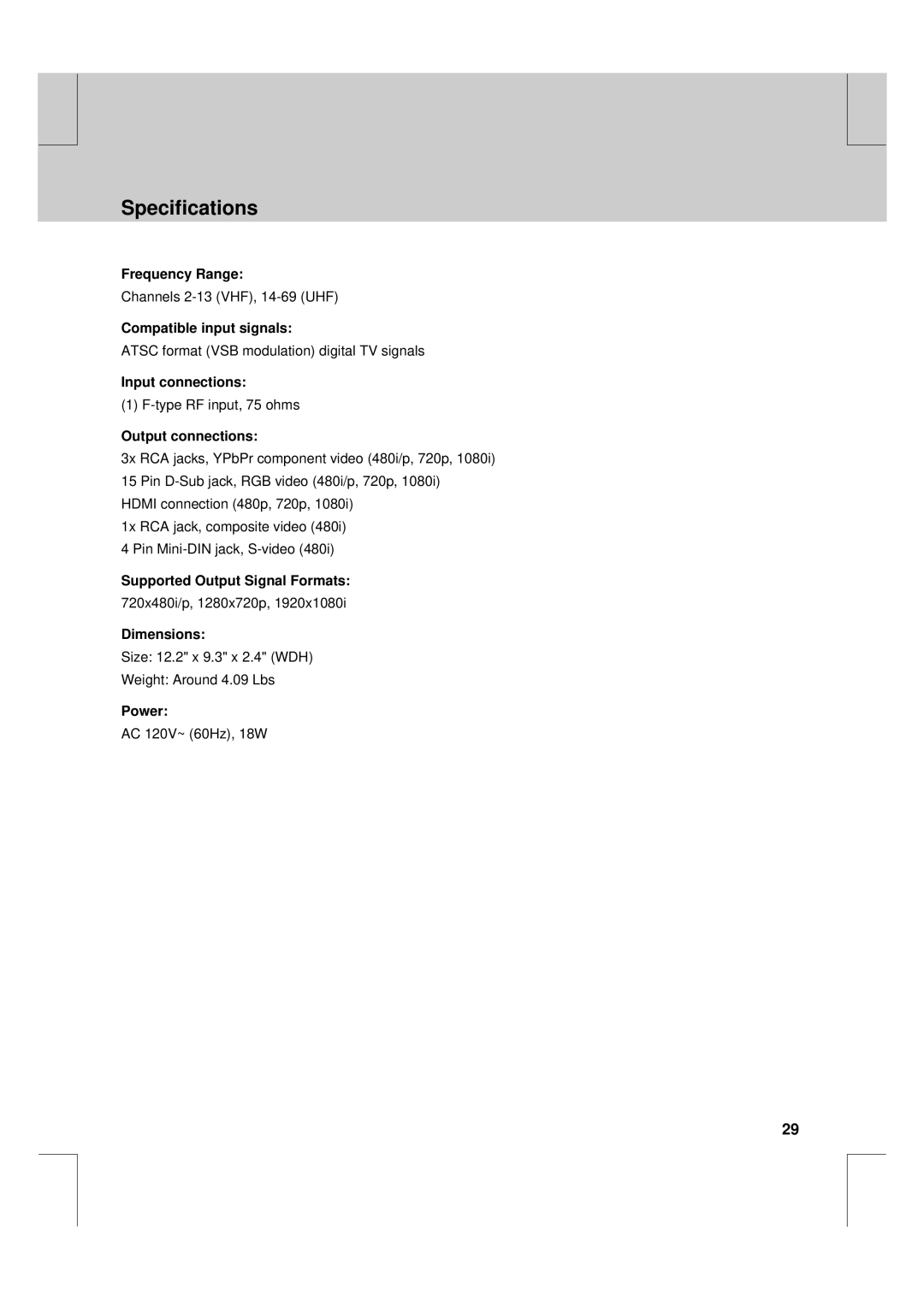 Humax HFA100 manual Specifications, Output connections 