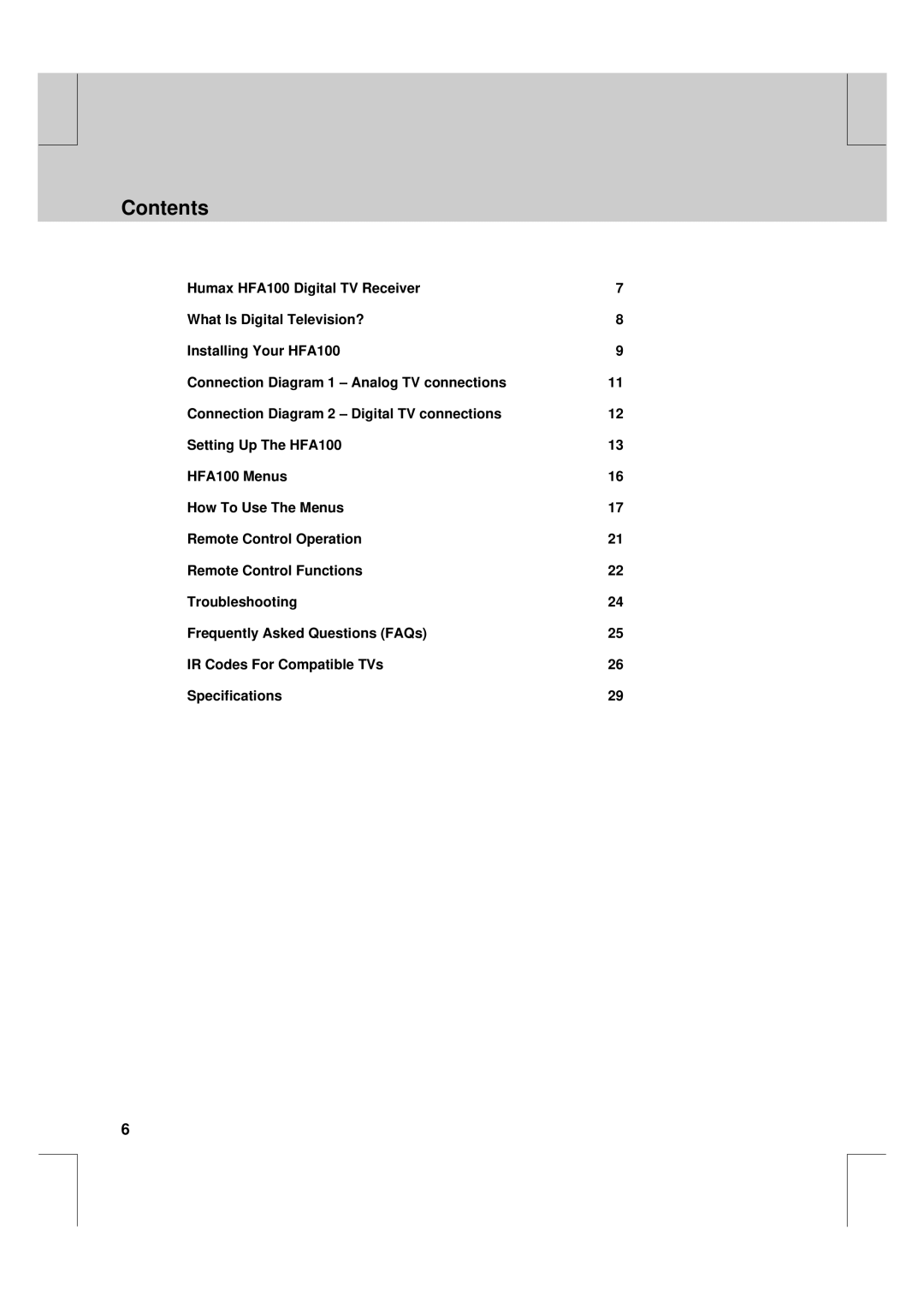 Humax HFA100 manual Contents 