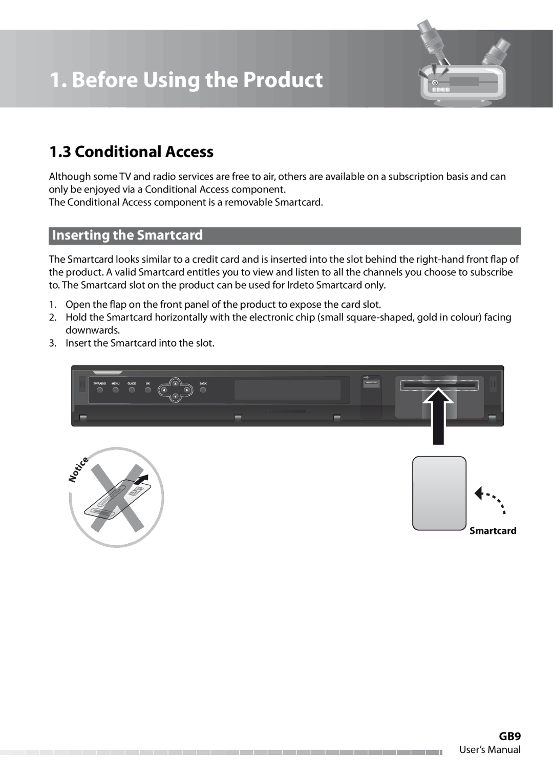 Humax IHDR-5050C user manual Conditional Access, Inserting the Smartcard 