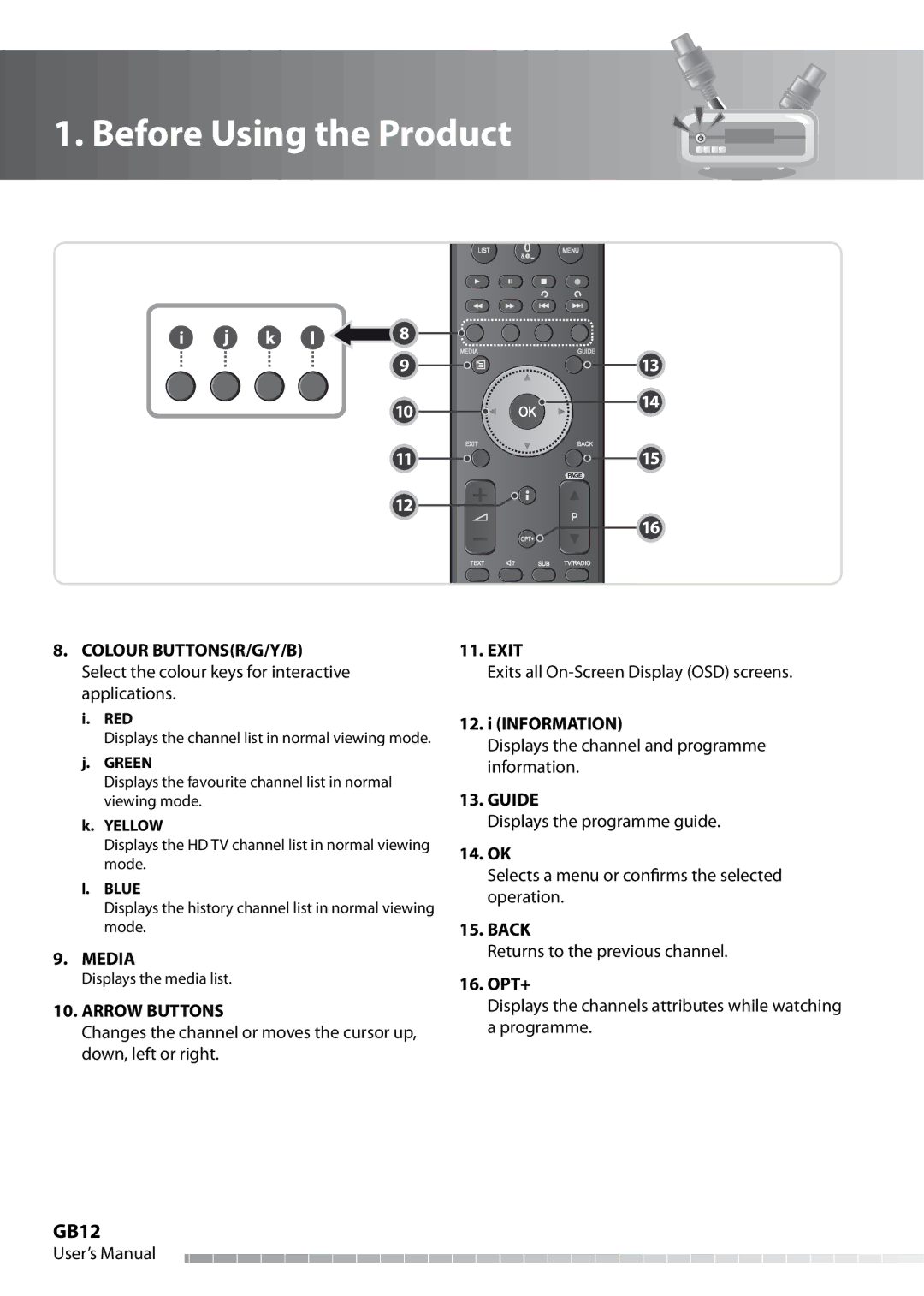 Humax IHDR-5050C user manual GB12, Colour BUTTONSR/G/Y/B, Media, Guide 