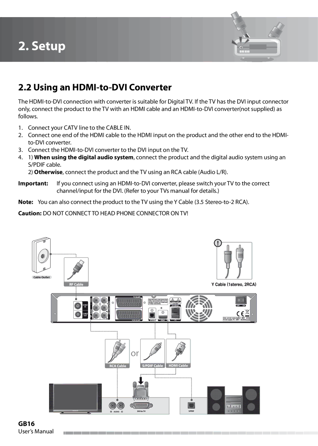 Humax IHDR-5050C user manual Using an HDMI-to-DVI Converter, GB16 