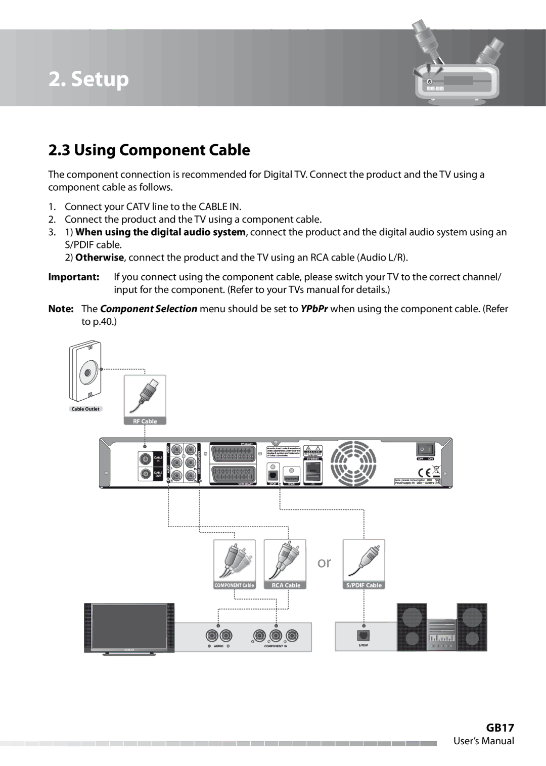 Humax IHDR-5050C user manual Using Component Cable, GB17 