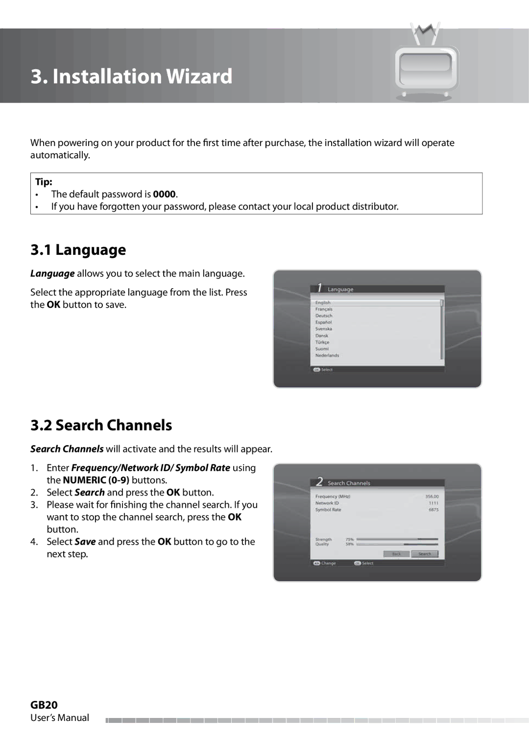 Humax IHDR-5050C user manual Installation Wizard, Language, Search Channels, GB20, Tip 