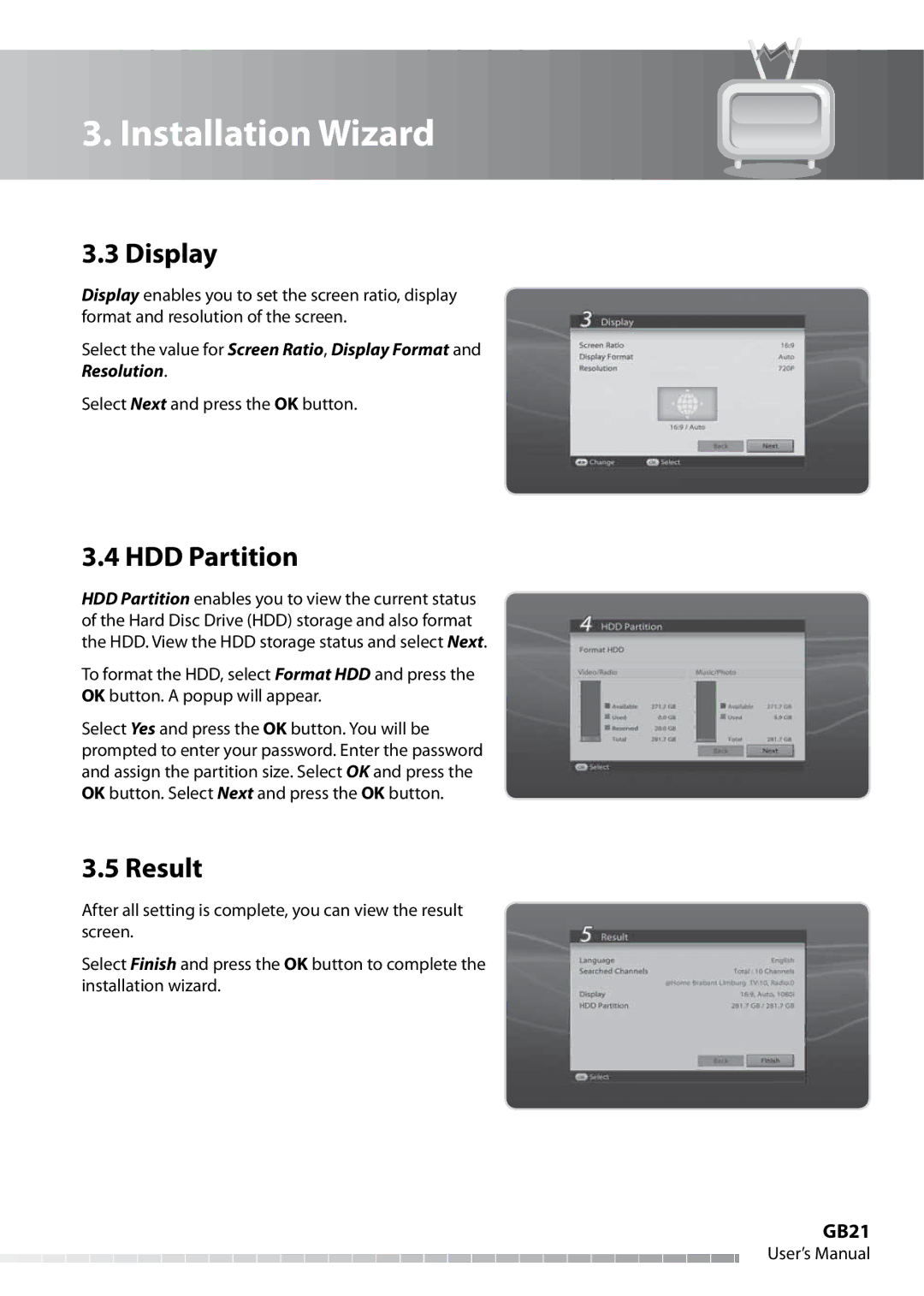 Humax IHDR-5050C user manual Display, HDD Partition, Result, GB21 