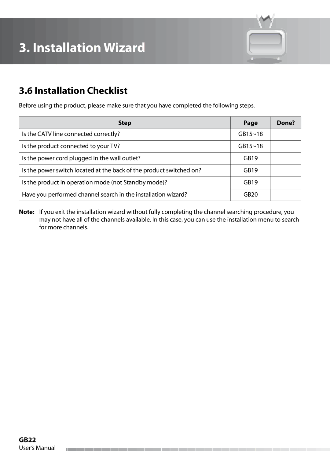 Humax IHDR-5050C user manual Installation Checklist, GB22, Step Done? 